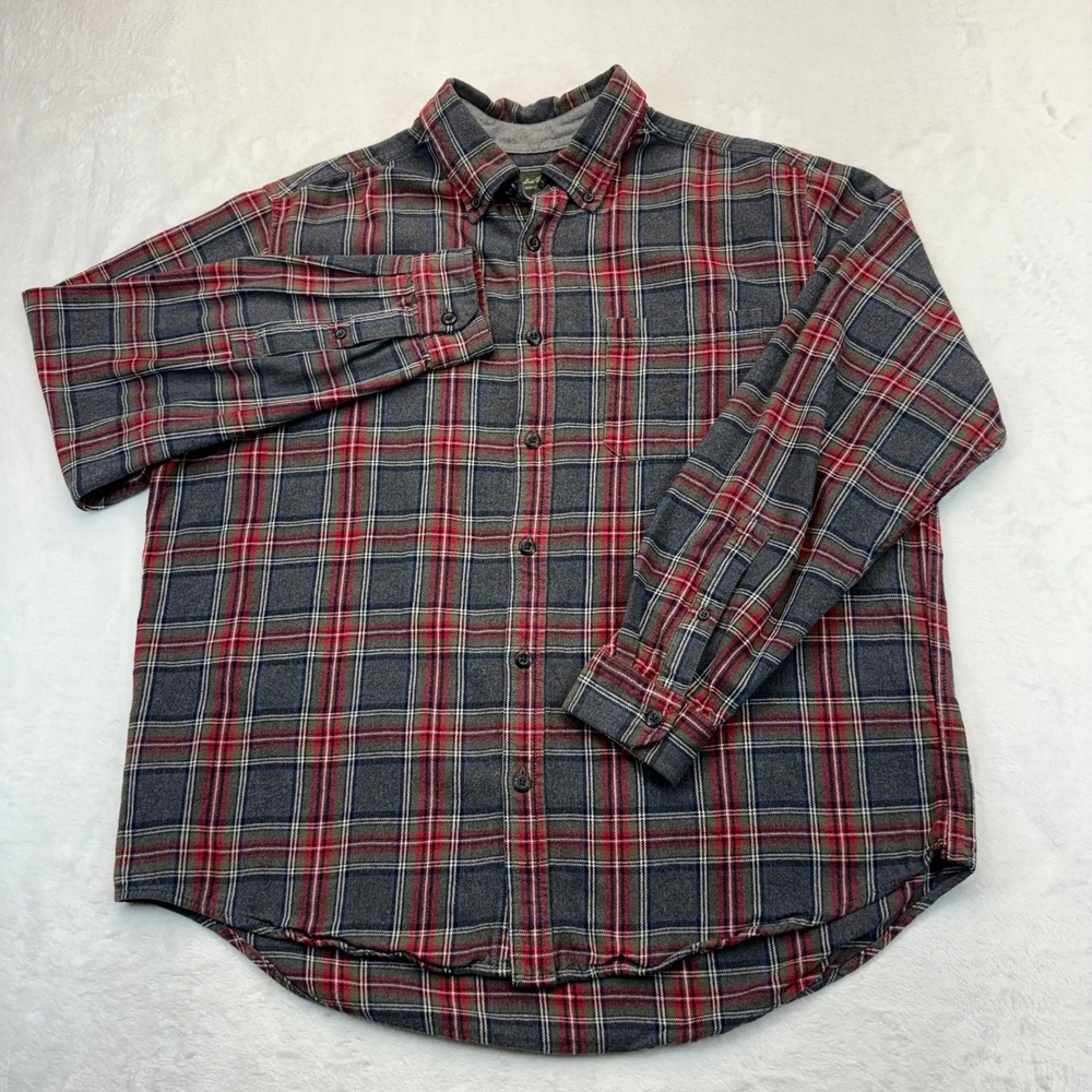 Eddie Bauer Mens XL Gray Red Plaid Flannel Button Down Shirt